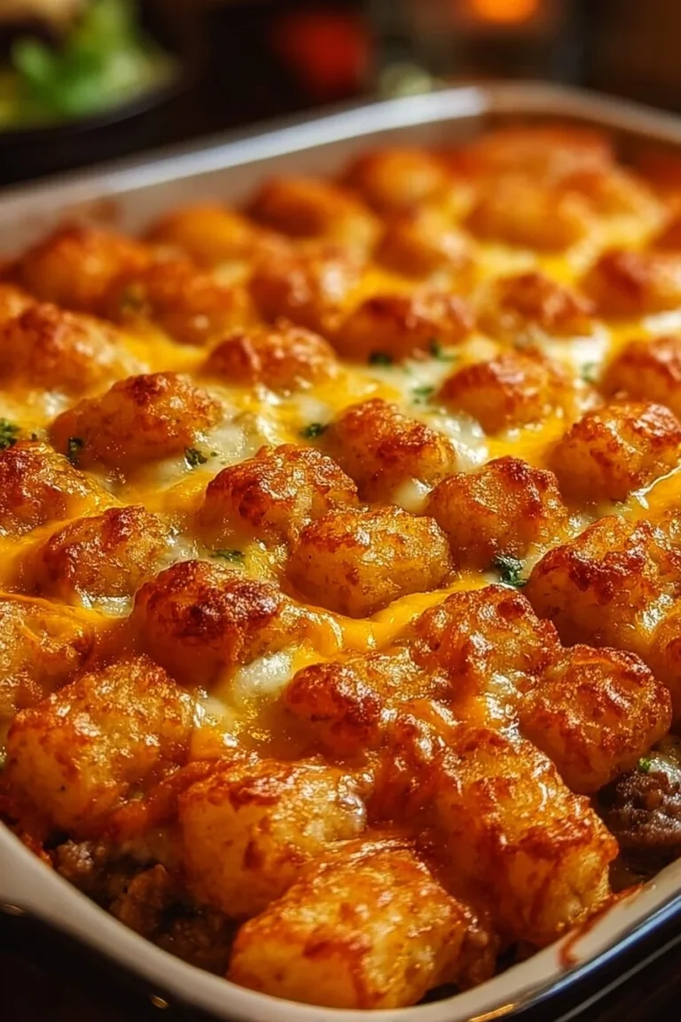 Cheeseburger Tater Tot Casserole with beef, cheese, and crispy tater tots