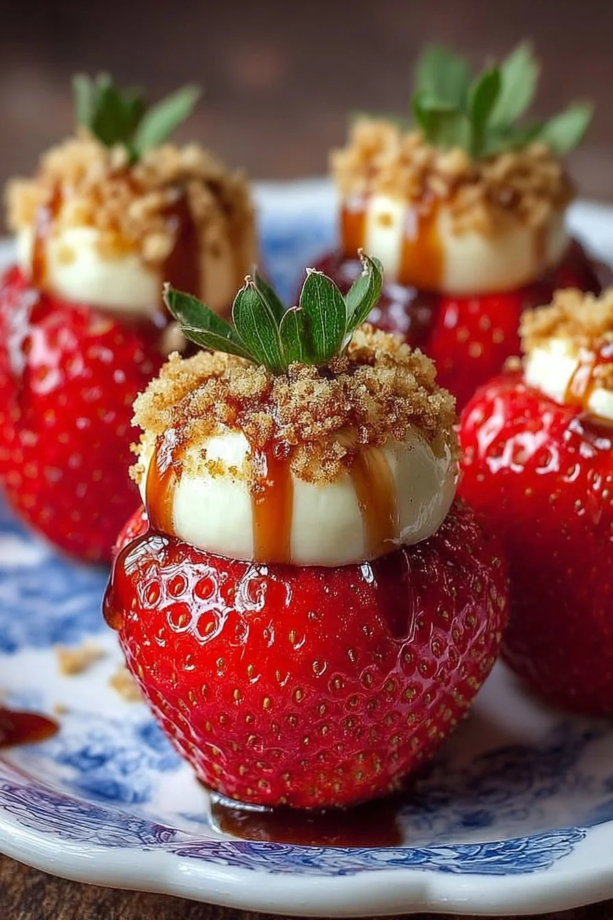Delicious cheesecake stuffed strawberries ready to serve.