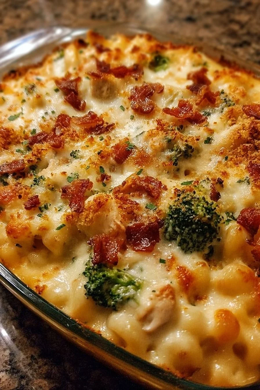 Cheesy Chicken Broccoli Bacon Casserole served in a cozy setting.