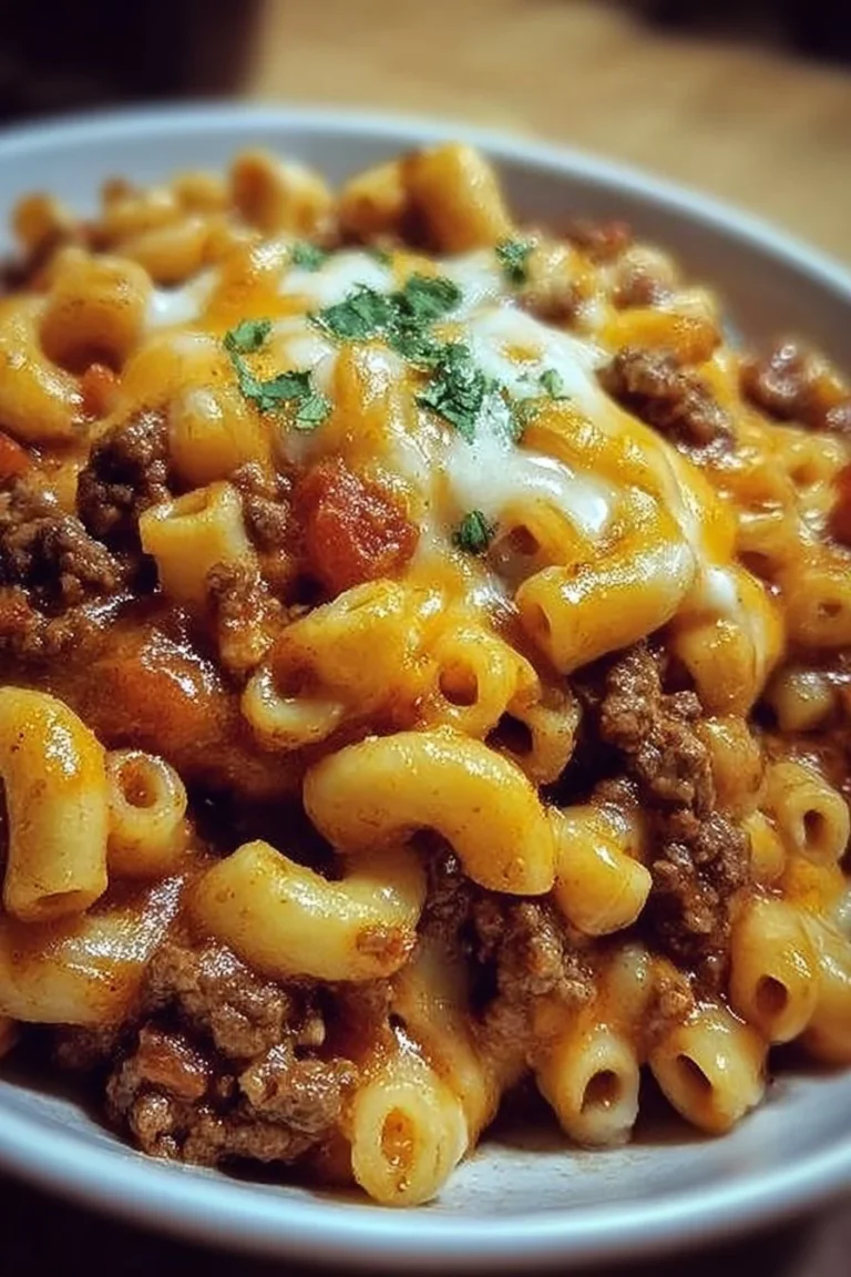 Bowl of cheesy chili mac with ground beef and pasta topped with cheese