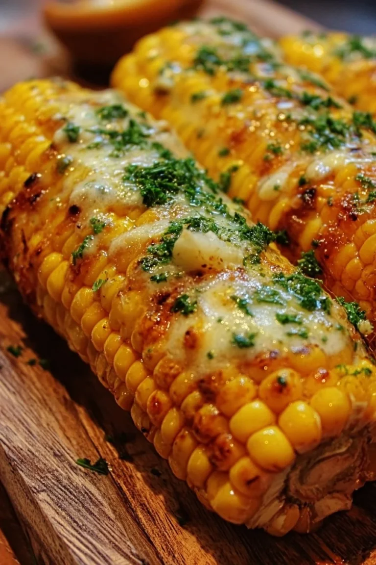 Cheesy garlic butter corn on the cob served on a rustic wooden table