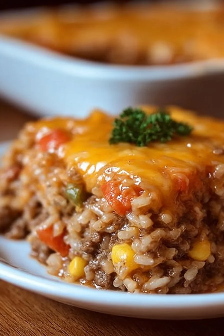 Cheesy ground beef and rice casserole served in a dish