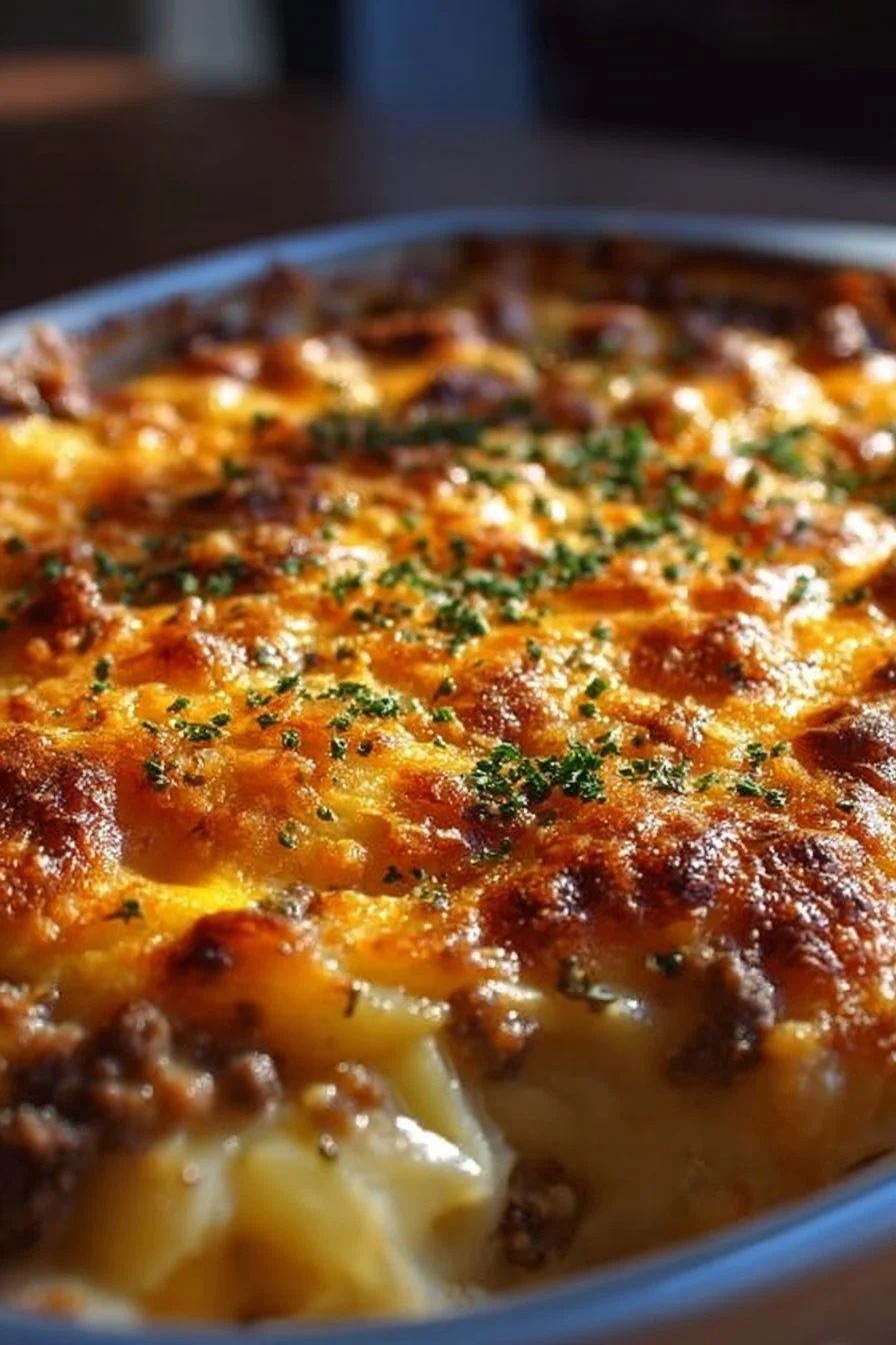 Delicious Cheesy Hamburger Potato Casserole served in a baking dish