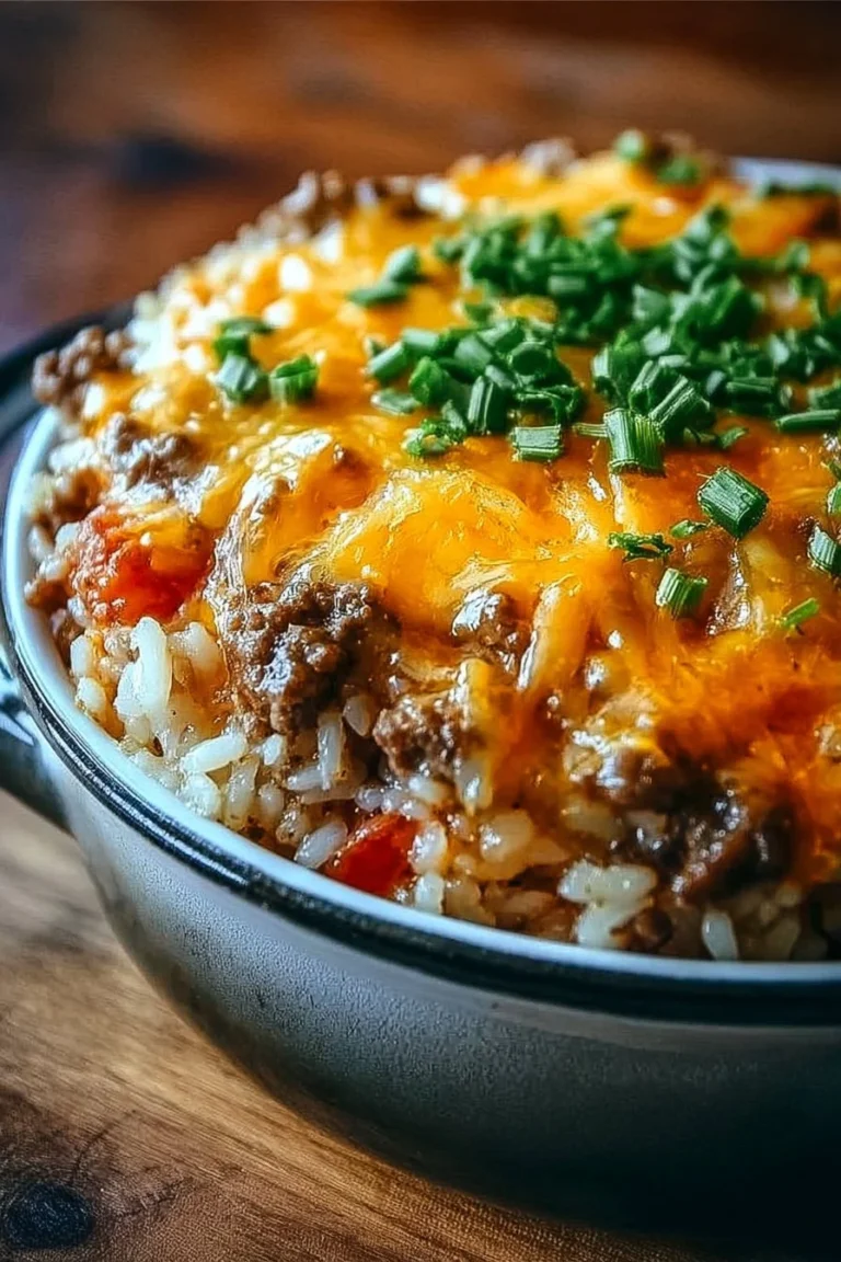Delicious cheesy hamburger rice casserole in a baking dish
