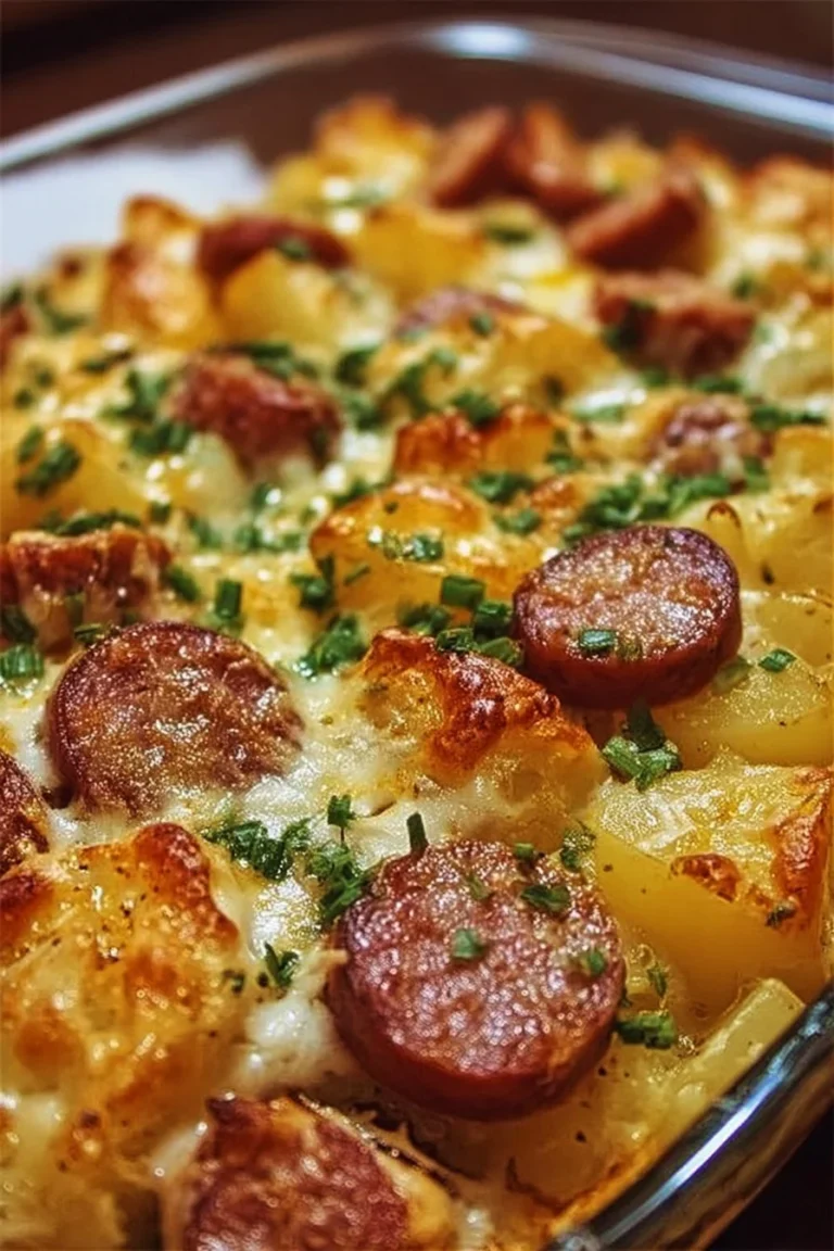 Cheesy kielbasa and potato casserole served in a cozy dish