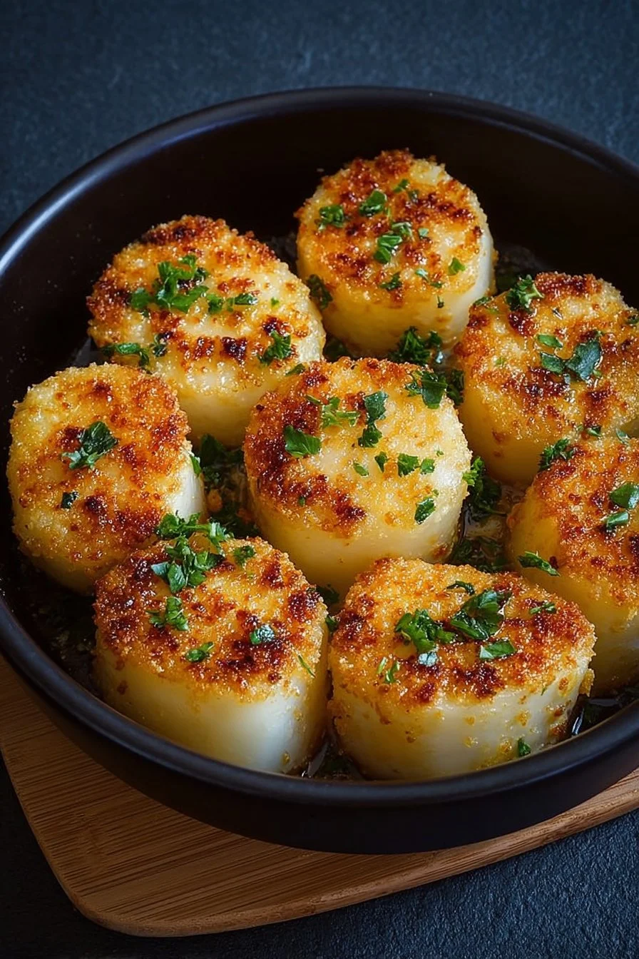 Cheesy Parmesan crusted turnips served on a plate.
