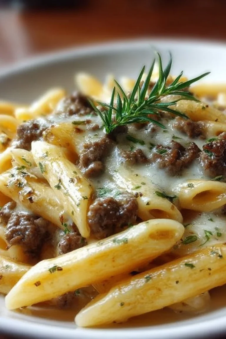 Delicious cheesy penne pasta with garlic butter beef on a plate.