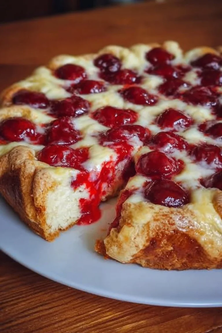 Delicious Cherry Cheese Coffee Cake on a plate, topped with fresh cherries.