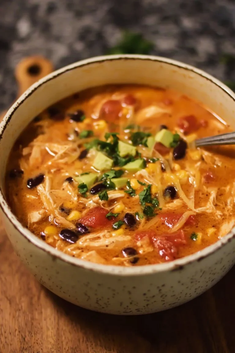 Bowl of Chicken Taco Soup garnished with cilantro and lime