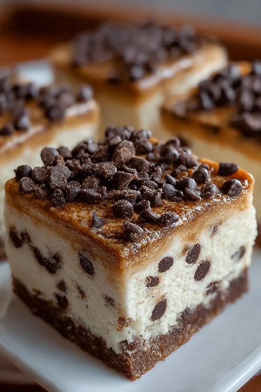 Delicious chocolate chip cookie dough cheesecake bars with creamy layers