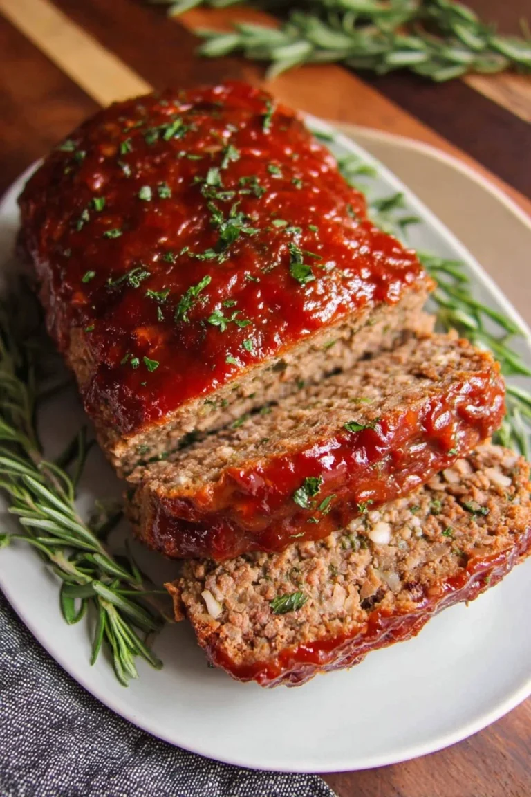 Classic meatloaf served with mashed potatoes and vegetables.