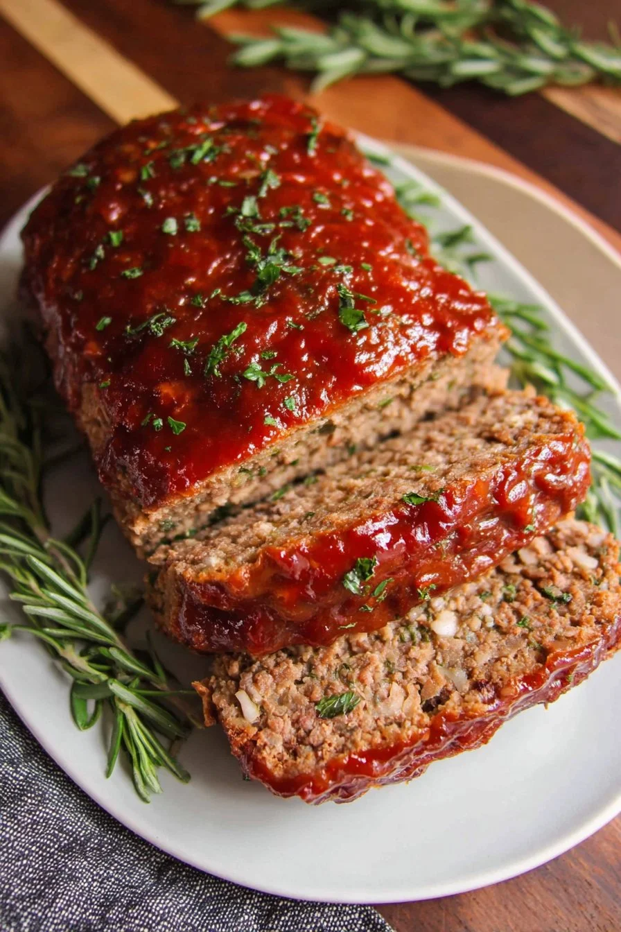 Classic meatloaf served with mashed potatoes and vegetables.