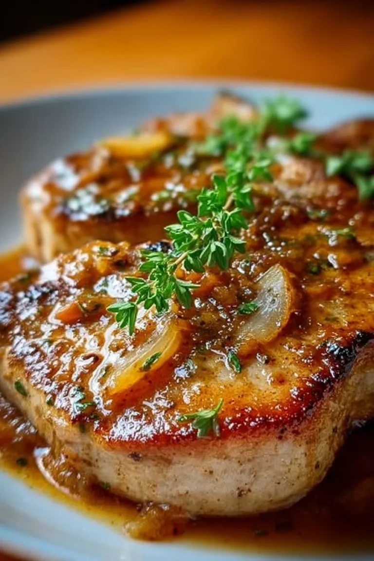 Delicious smothered pork chops served with creamy gravy and herbs.