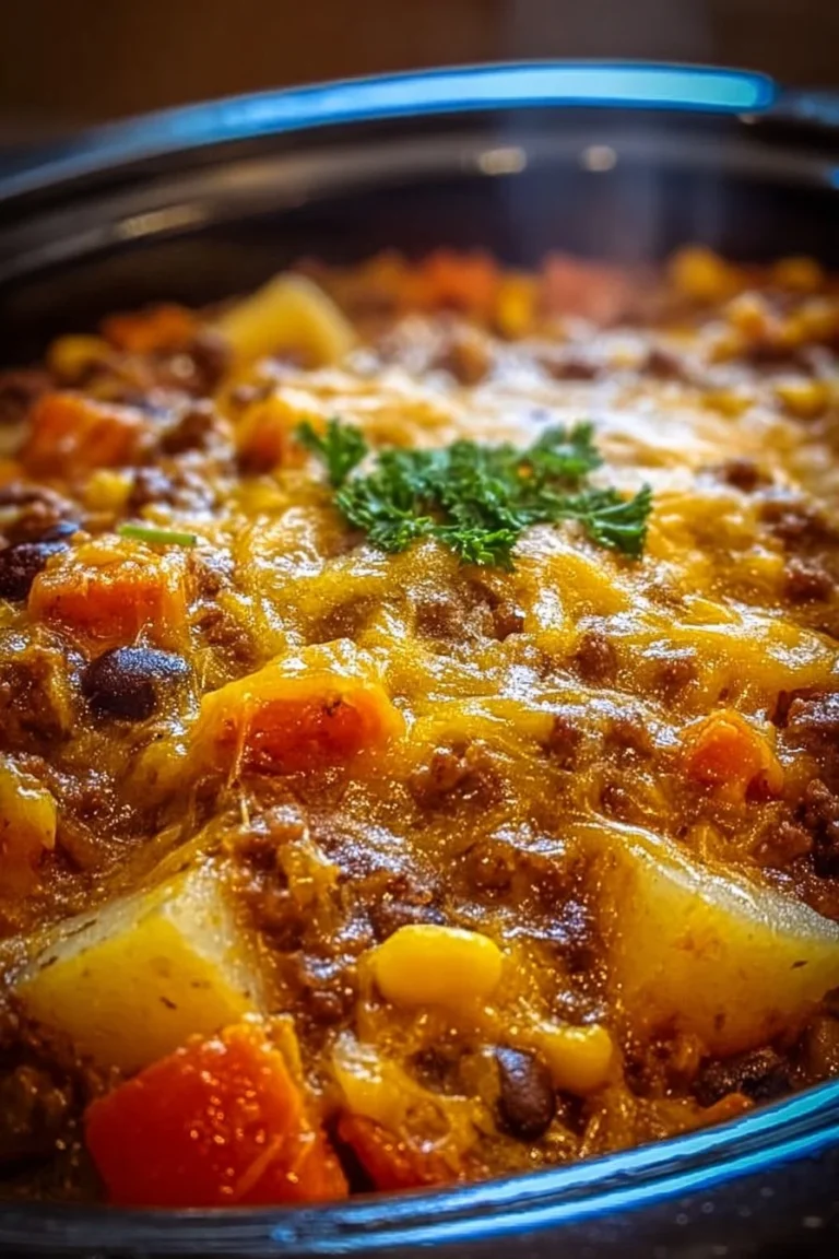 Delicious slow cooker cowboy casserole ready to serve in a warm bowl.