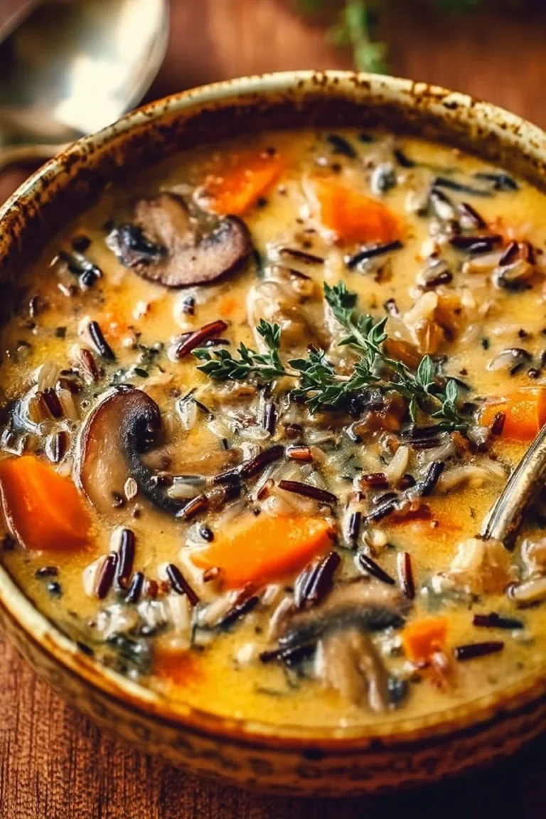 Bowl of cozy autumn wild rice soup garnished with herbs and served hot.