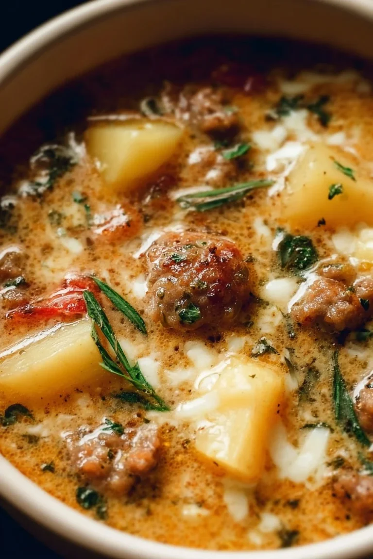 Bowl of cozy Italian sausage and potato soup garnished with herbs