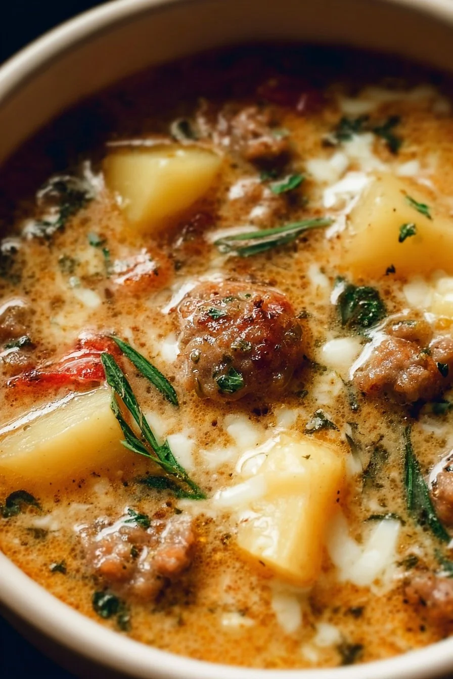 Bowl of cozy Italian sausage and potato soup garnished with herbs