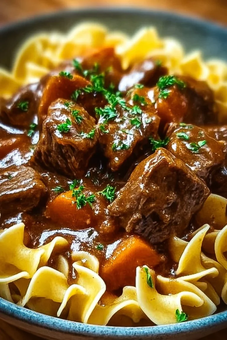 Hearty bowl of crockpot beef tips served with noodles in rich gravy