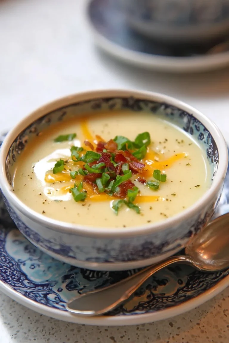Bowl of creamy potato soup garnished with herbs