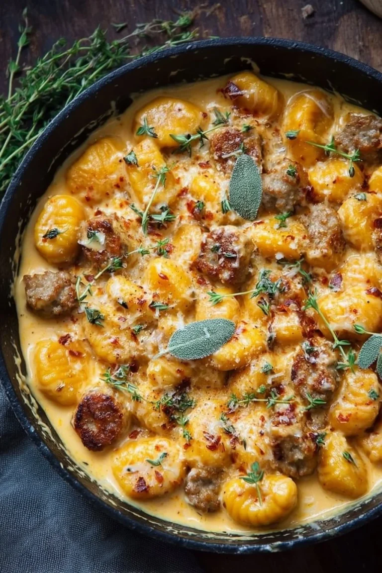 Creamy butternut squash gnocchi with sausage in a delightful dish