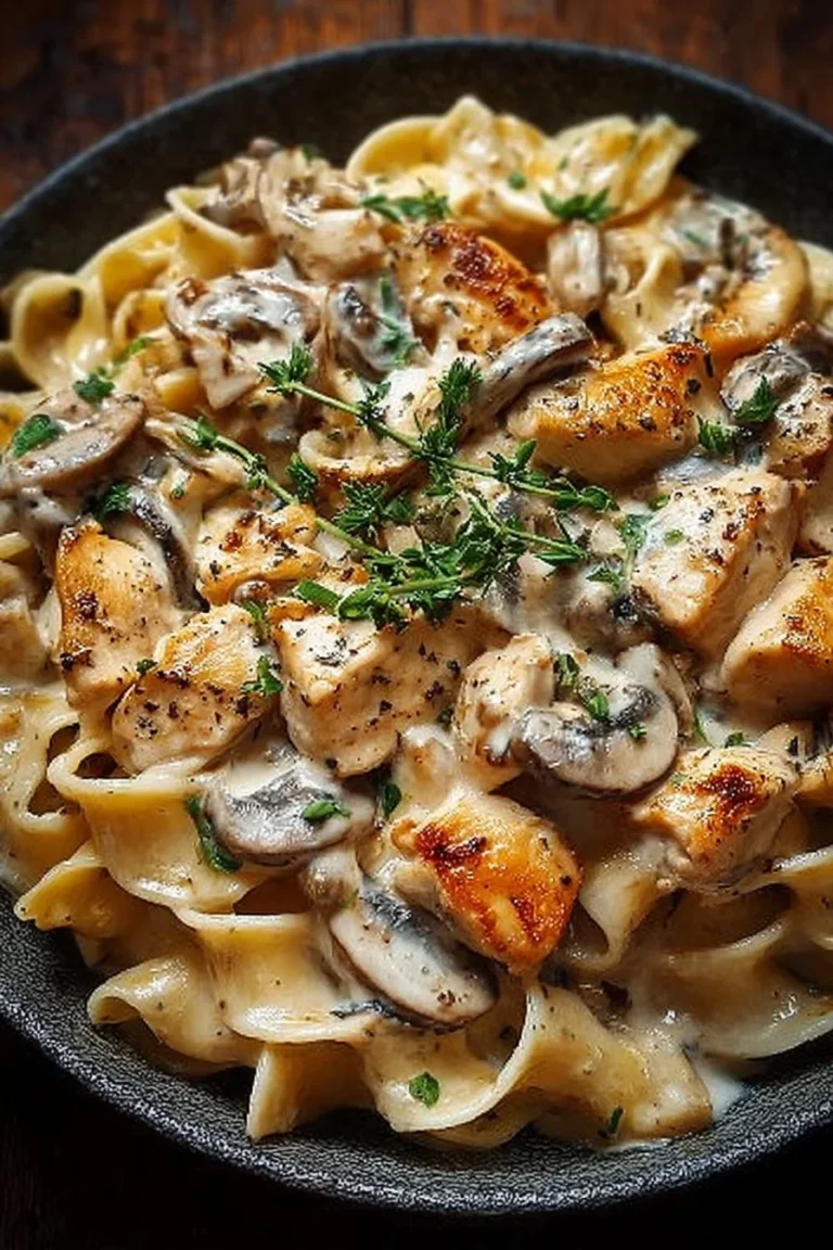 Creamy chicken and mushroom pasta dish served in a bowl