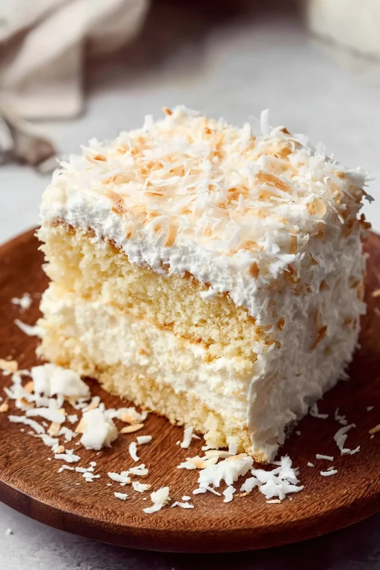 Creamy coconut cake with fluffy icing and coconut flakes