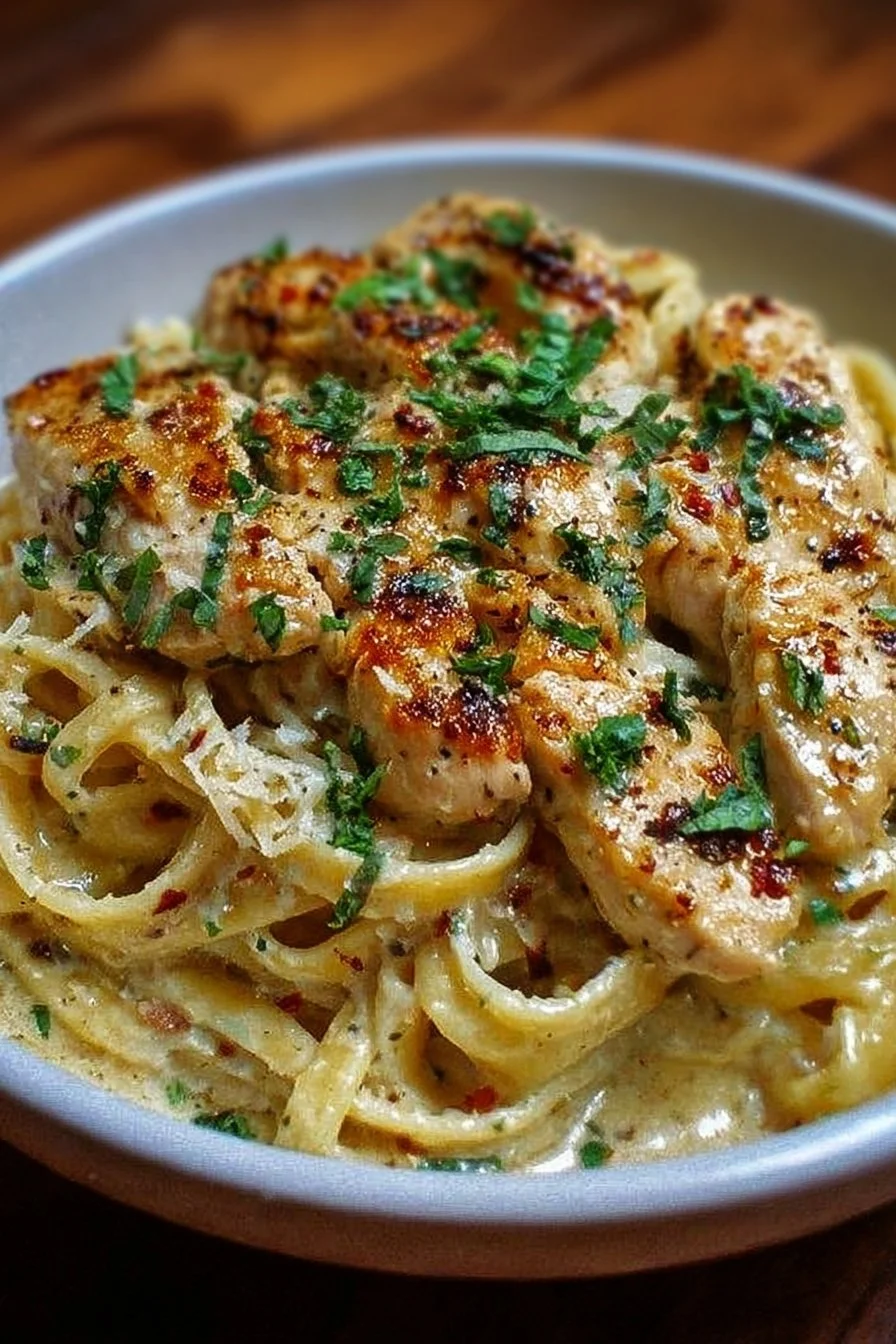 Creamy garlic parmesan chicken pasta served in a bowl with fresh herbs
