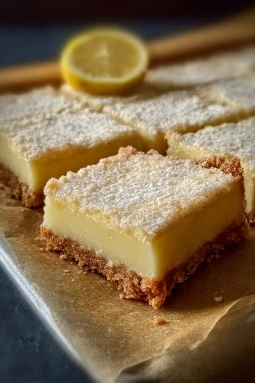 Delicious creamy lemon squares dessert on a white plate.