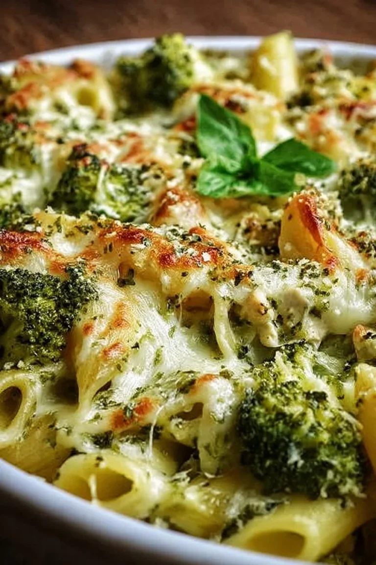 Creamy pesto chicken pasta bake with broccoli, a delicious comfort dish.