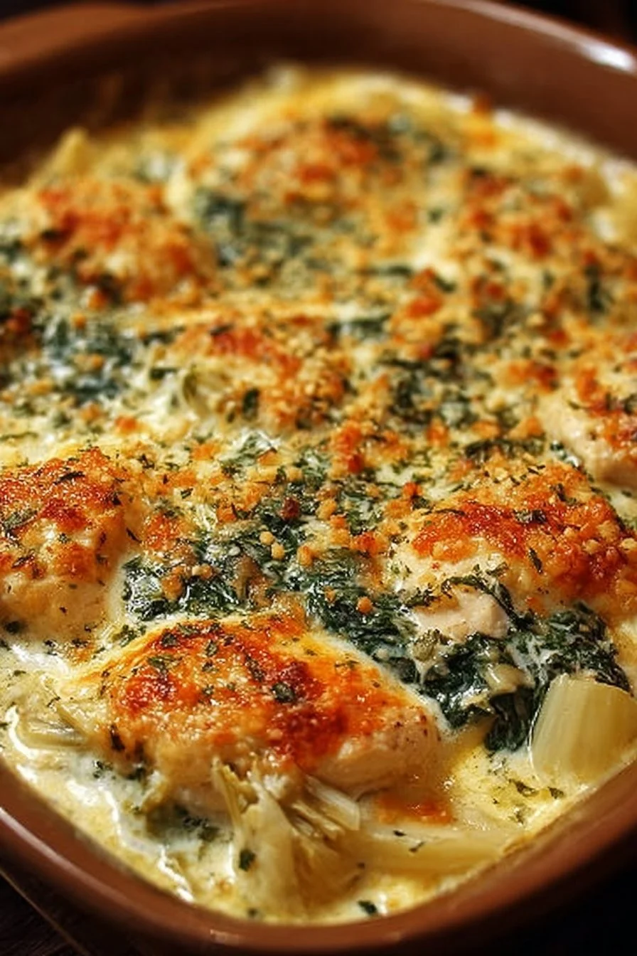 Creamy spinach artichoke chicken casserole baked in a dish