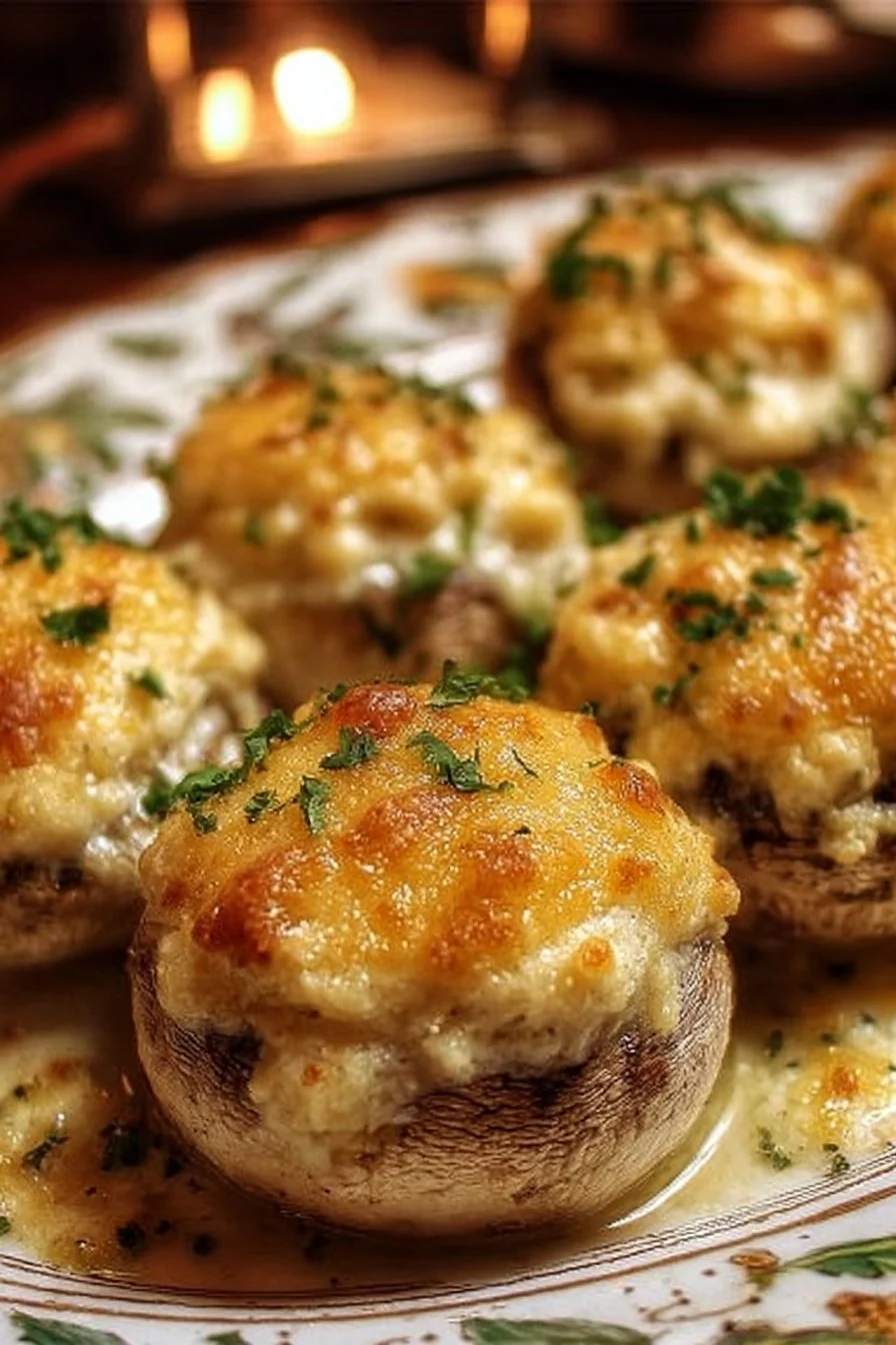 Creamy white cheddar stuffed mushrooms on a platter ready to serve
