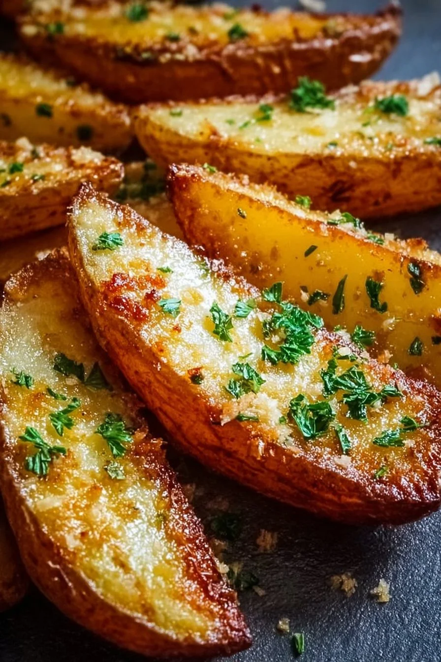 Crispy baked garlic Parmesan potato wedges on a plate garnished with herbs