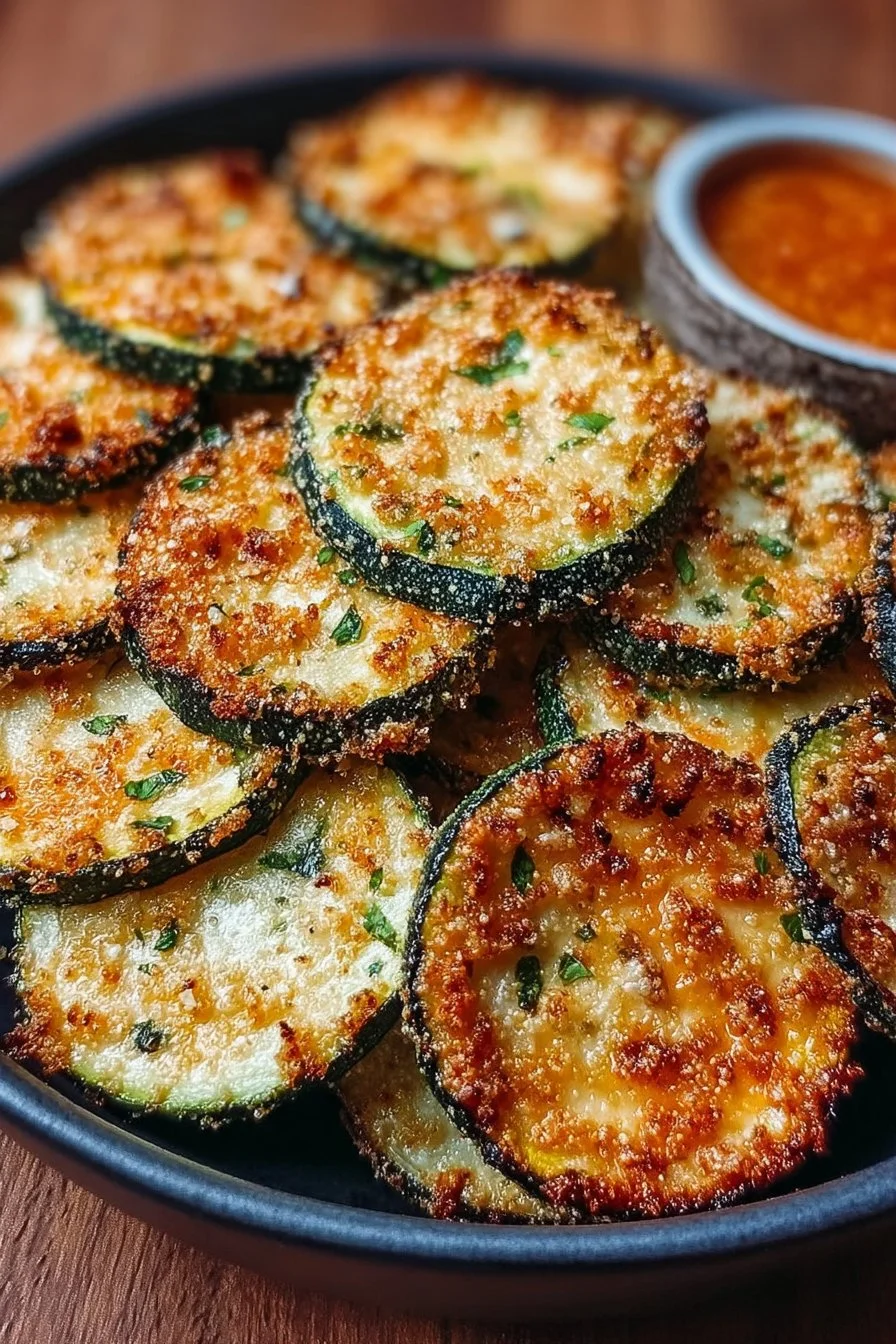 Baked zucchini chips arranged on a plate for a healthy snack option