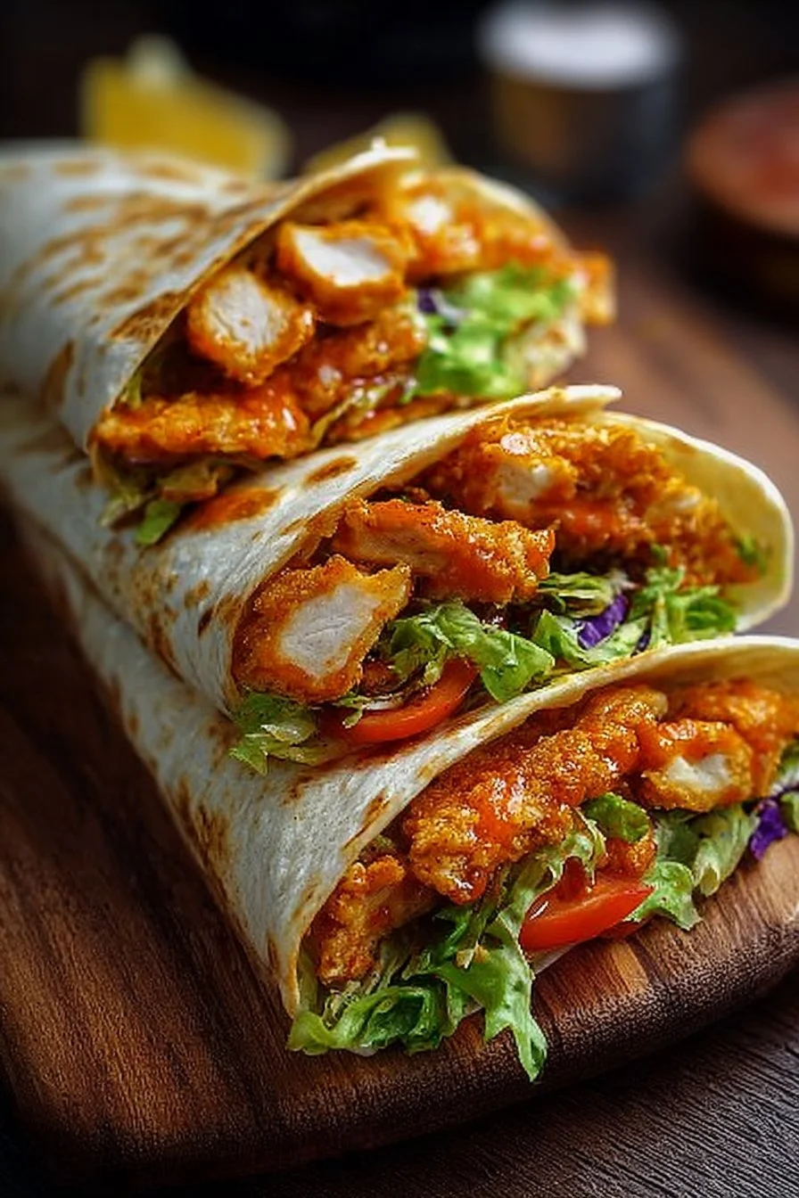 Crispy Buffalo Chicken Wraps served with fresh vegetables and dipping sauce