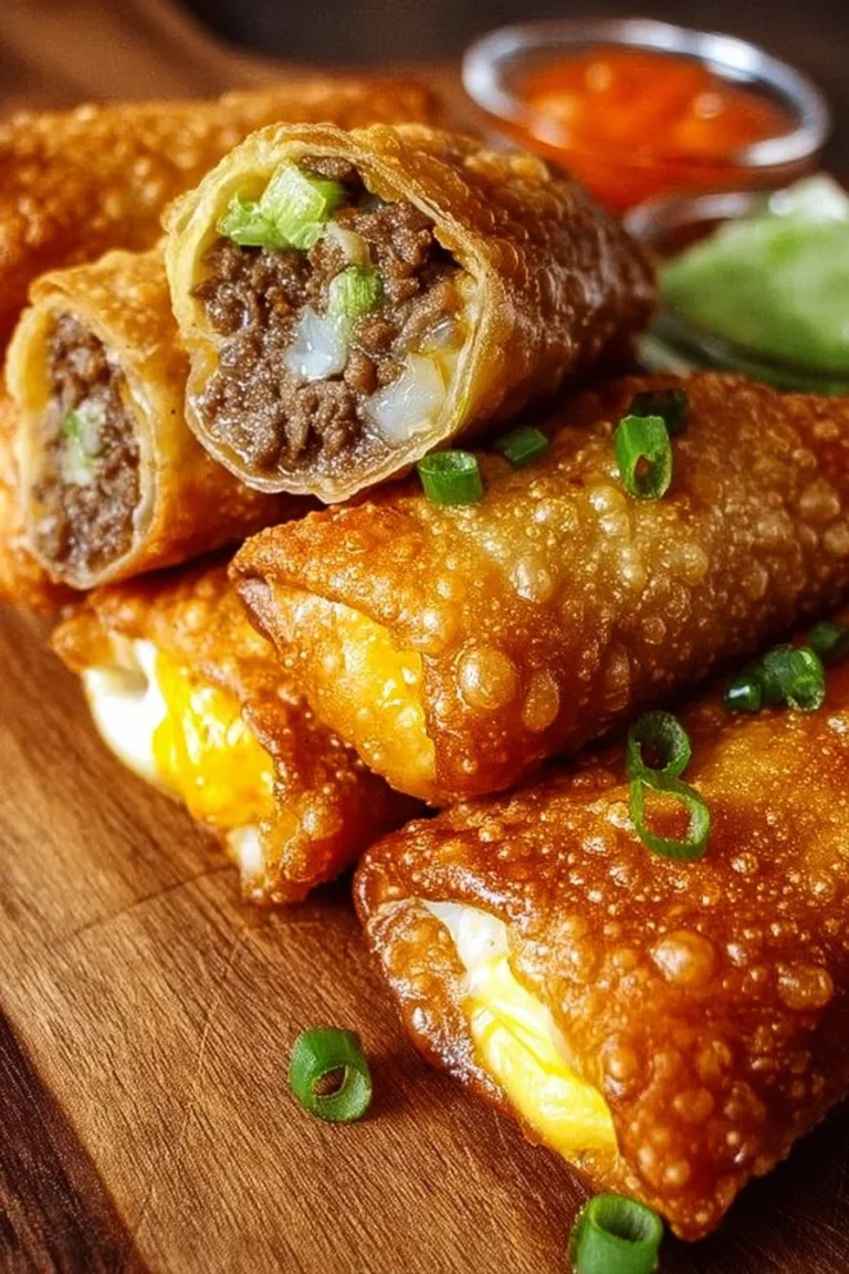 Plate of crispy cheeseburger egg rolls filled with beef and cheese