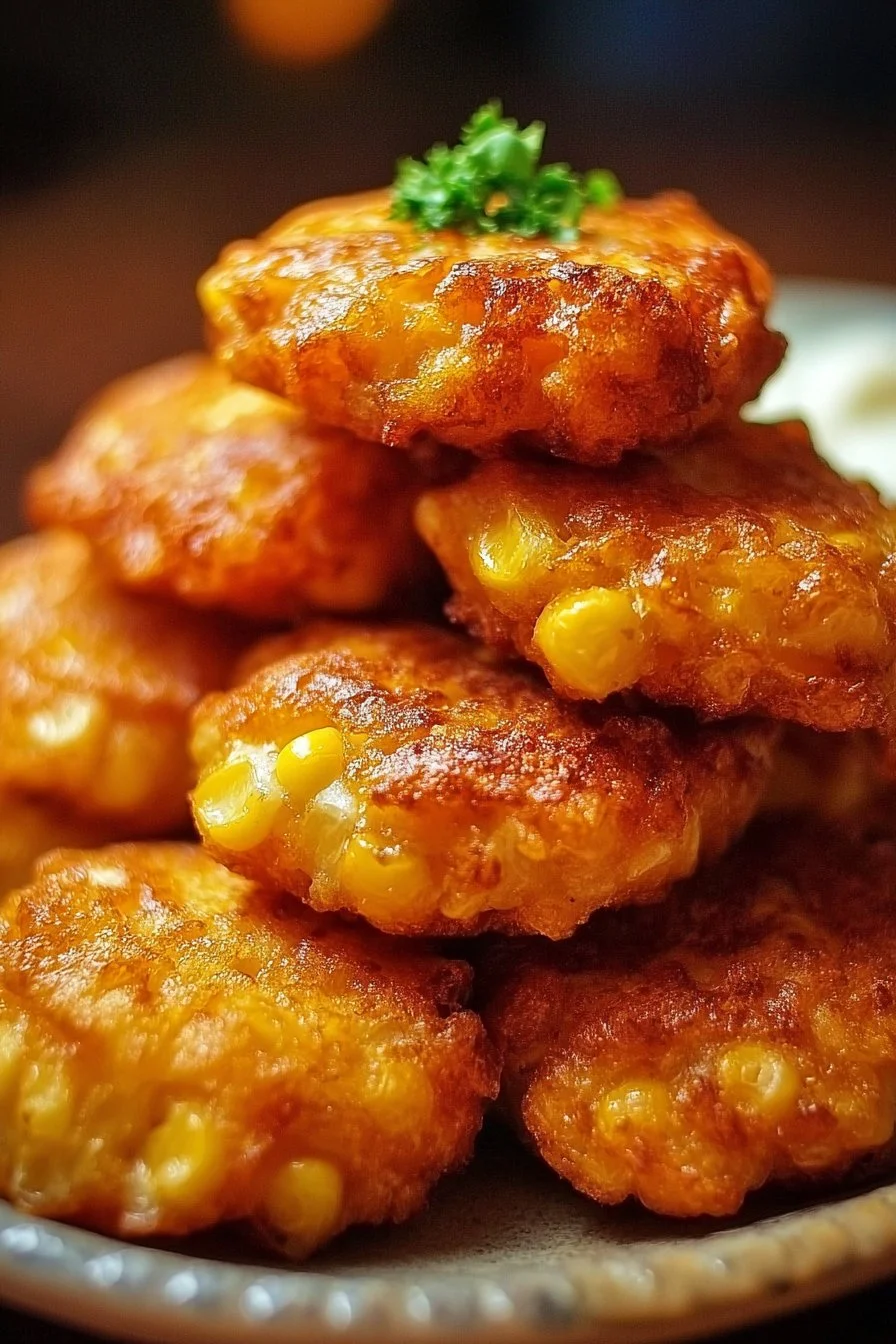 Crispy corn fritters served on a plate with dipping sauce