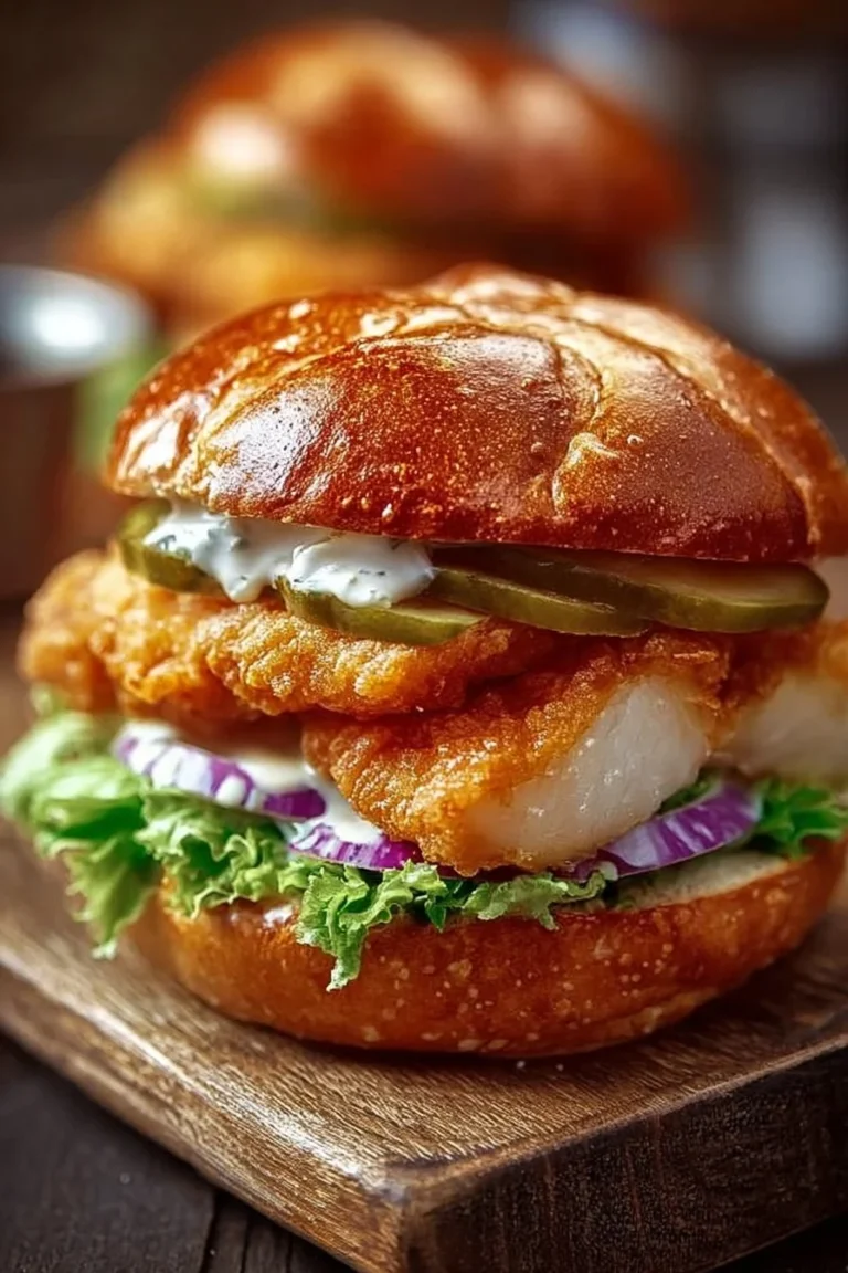 Crispy fried cod sandwich with fresh toppings on a wooden board