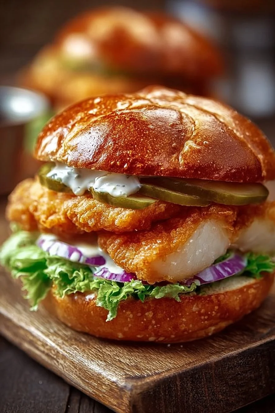 Crispy fried cod sandwich with fresh toppings on a wooden board