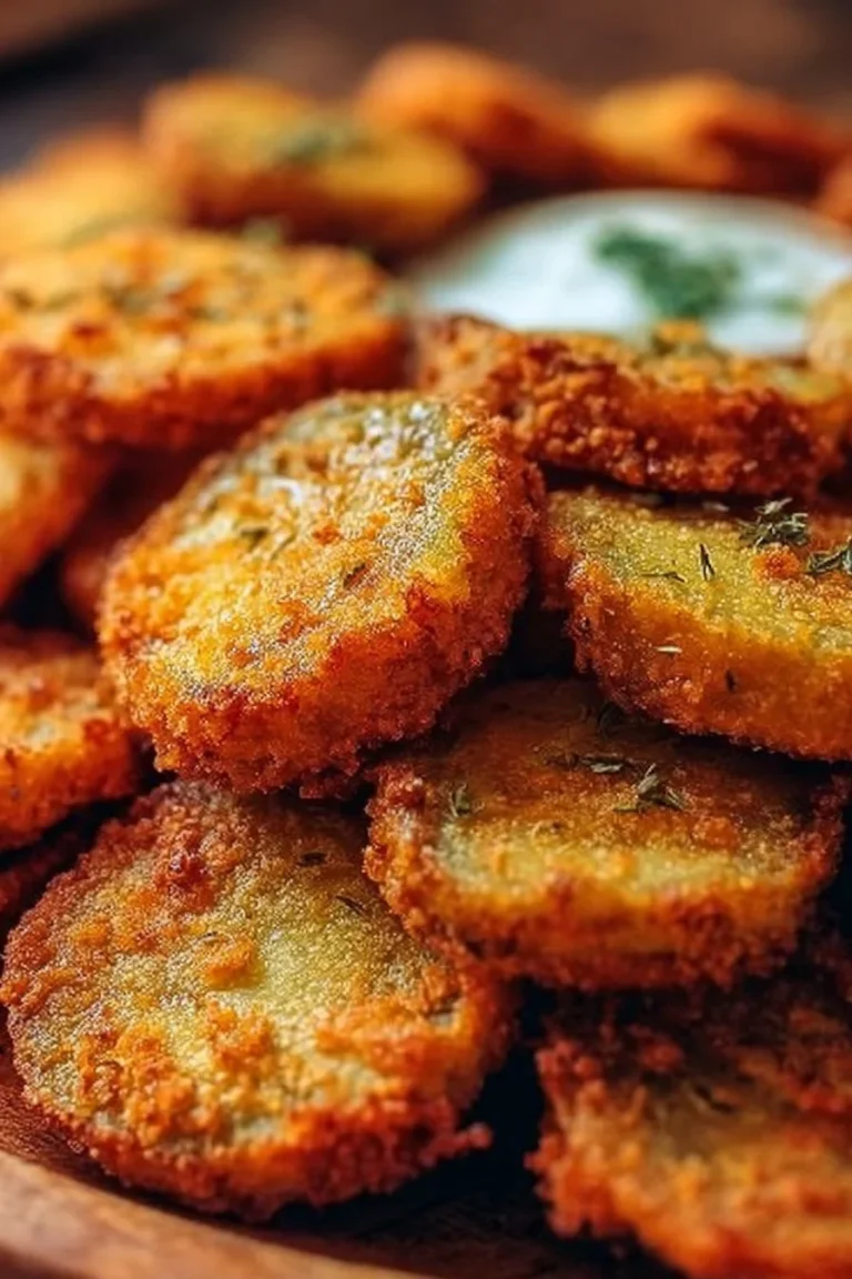 Crispy fried pickles served on a plate with dipping sauce.