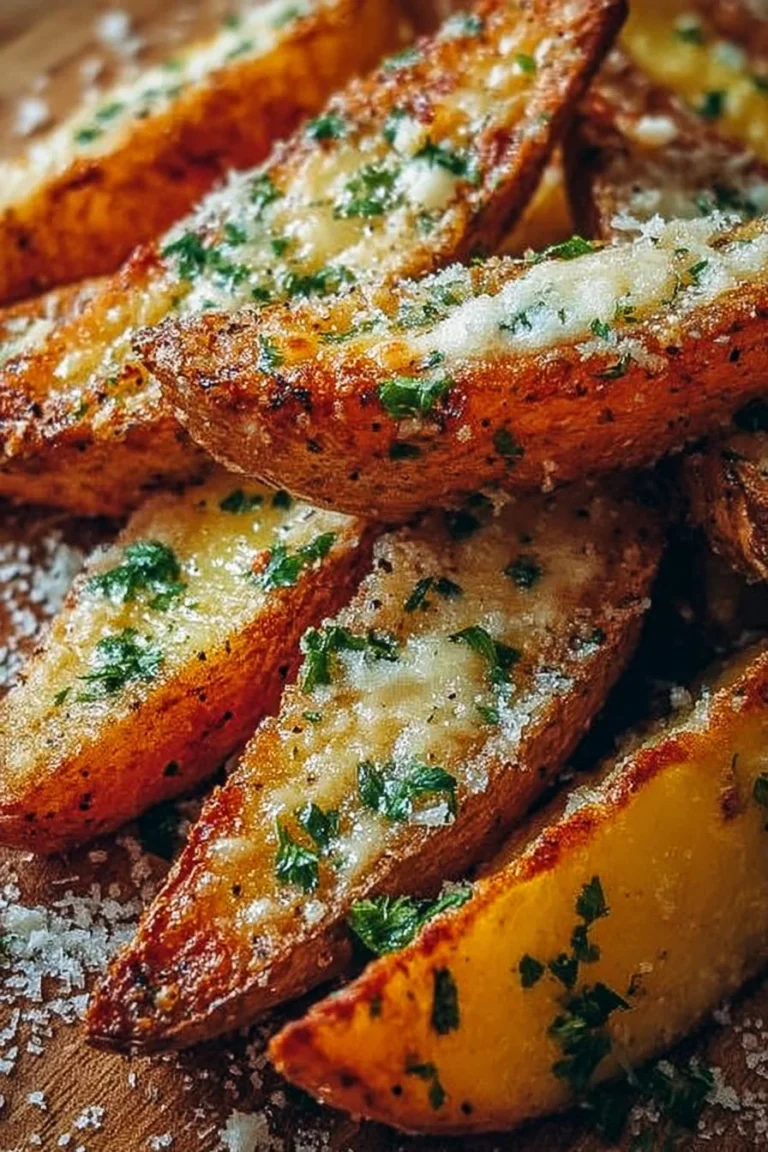 Crispy garlic parmesan potato wedges served on a plate