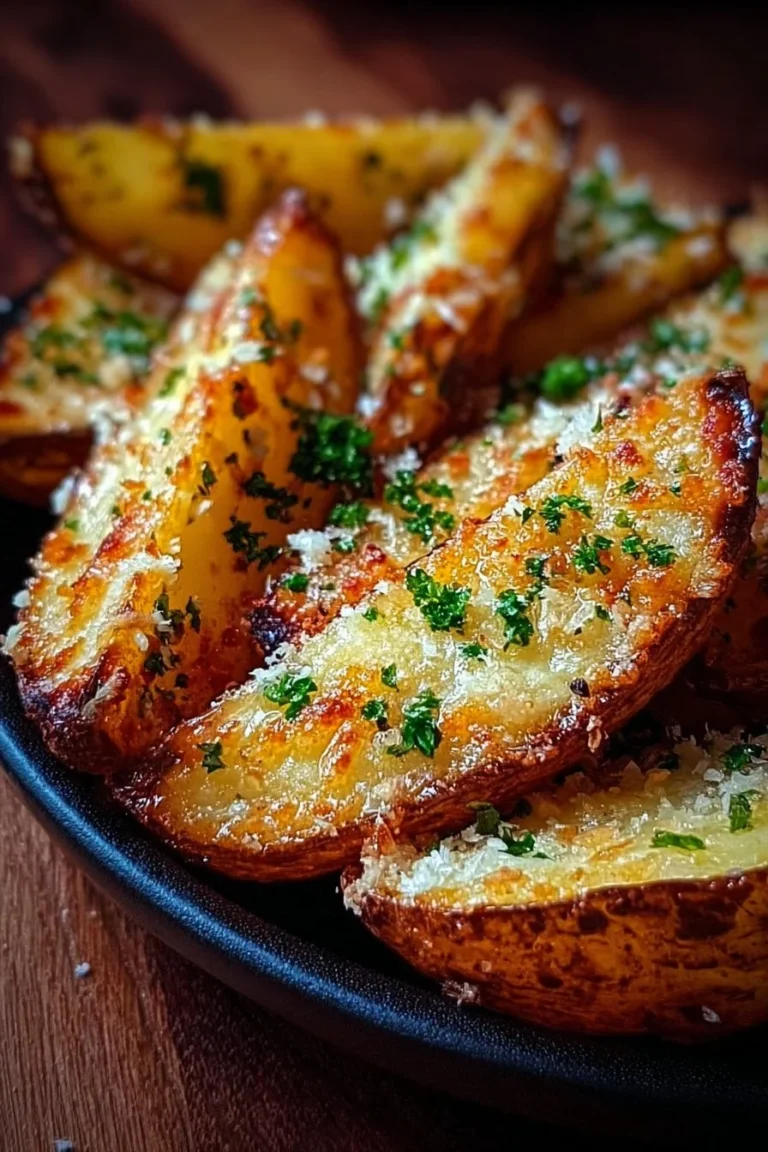 Plate of crispy garlic parmesan potato wedges seasoned to perfection