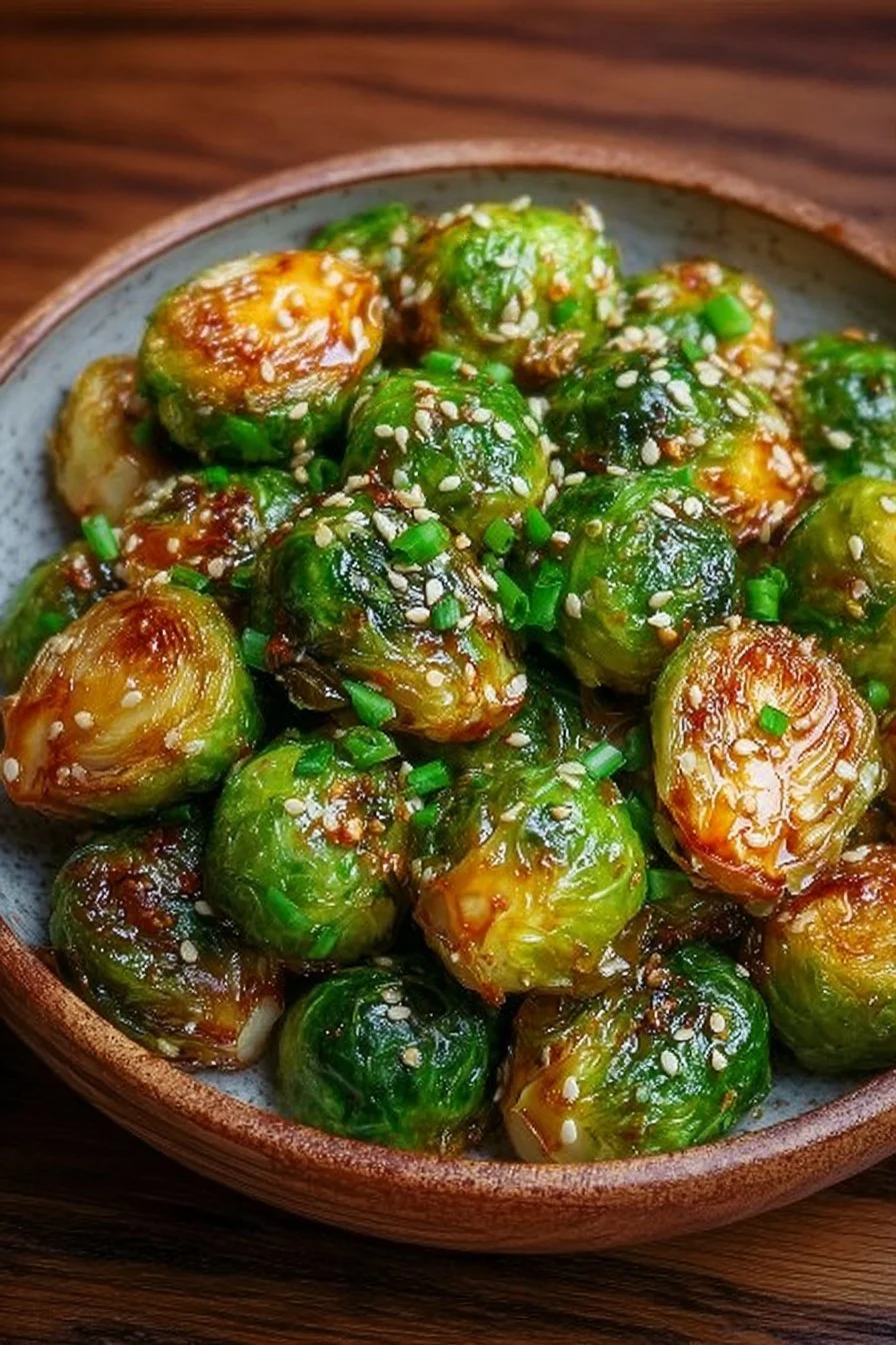 Crispy Honey Garlic Brussels Sprouts garnished and ready to serve