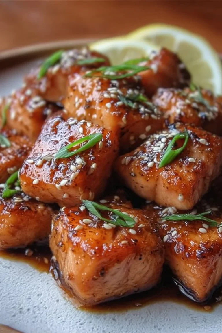 Crispy honey garlic salmon bites served on a plate with garnishing