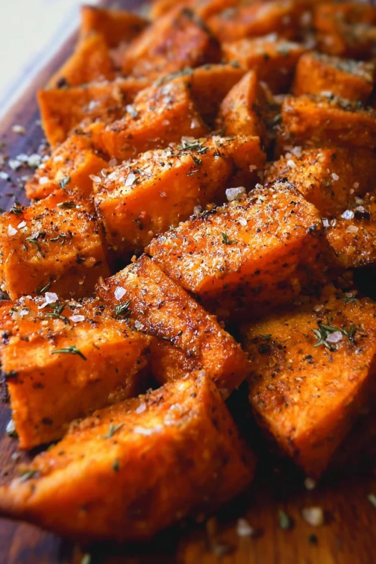 Bowl of crispy roasted sweet potatoes seasoned and cooked to perfection
