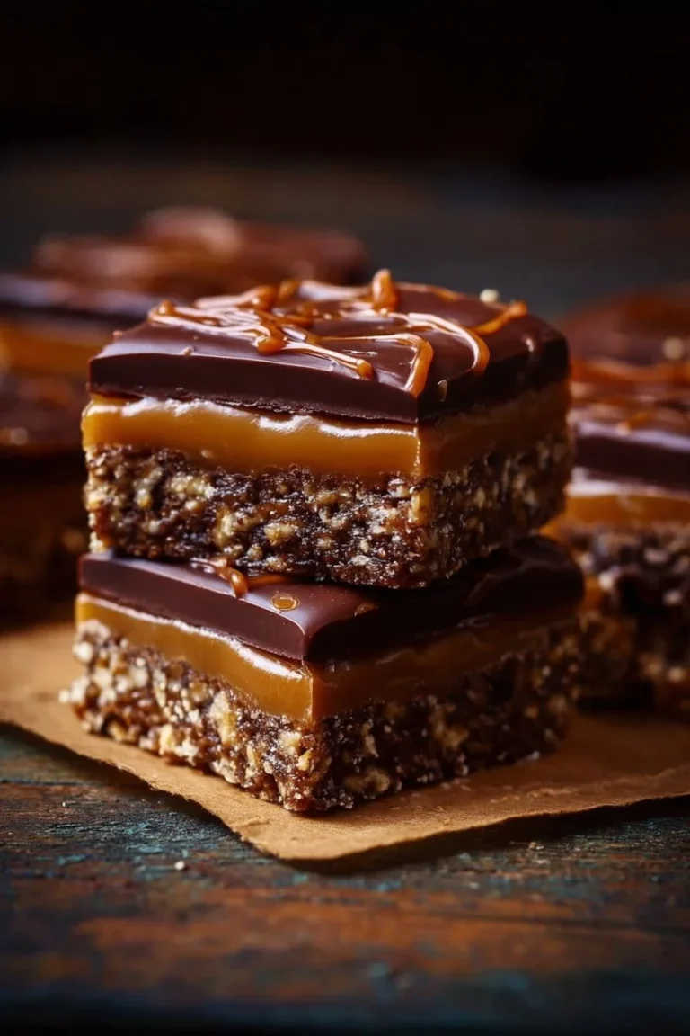 Delicious caramel chocolate crunch bars with a rich chocolate layer and crunchy texture.