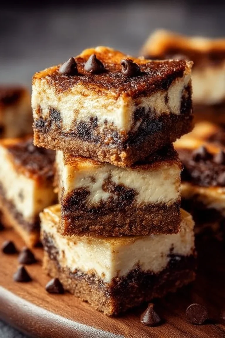 Decadent chocolate chip cookie cheesecake bars served on a plate