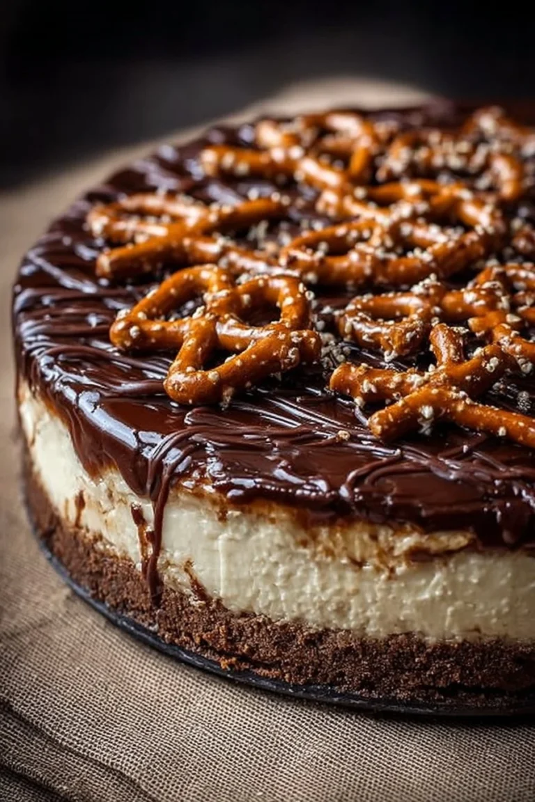 Decadent Chocolate Pretzel Cheesecake with creamy chocolate filling and pretzel crust