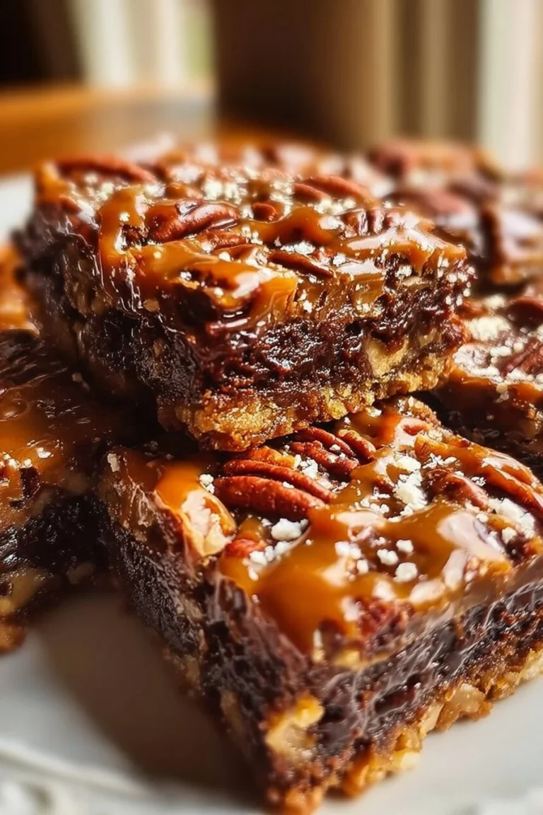 Decadent turtle bars topped with chocolate, caramel, and pecans