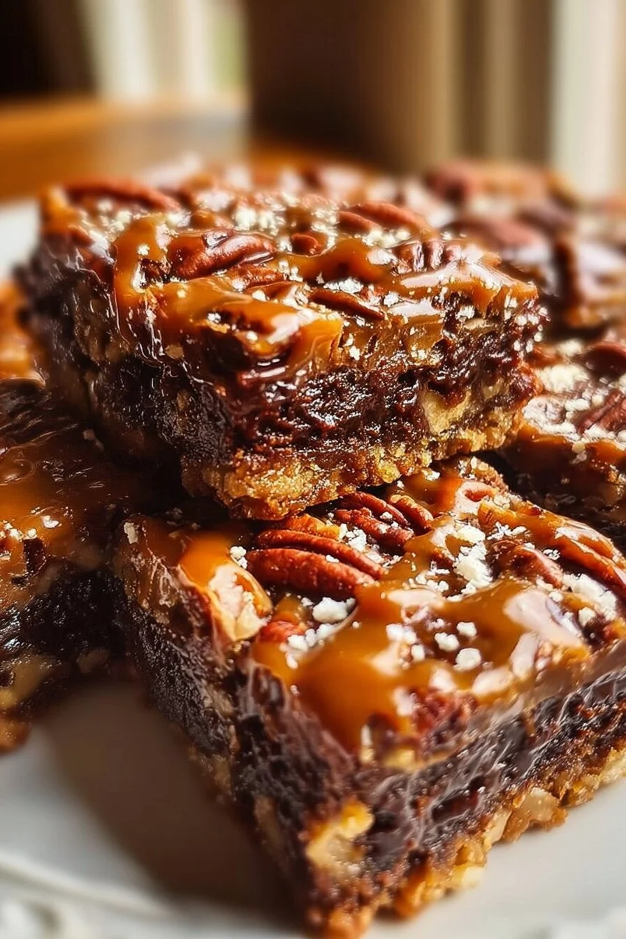 Decadent turtle bars topped with chocolate, caramel, and pecans