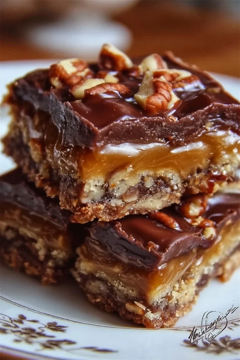 Decadent turtle bars with chocolate, caramel, and nuts on a wooden table